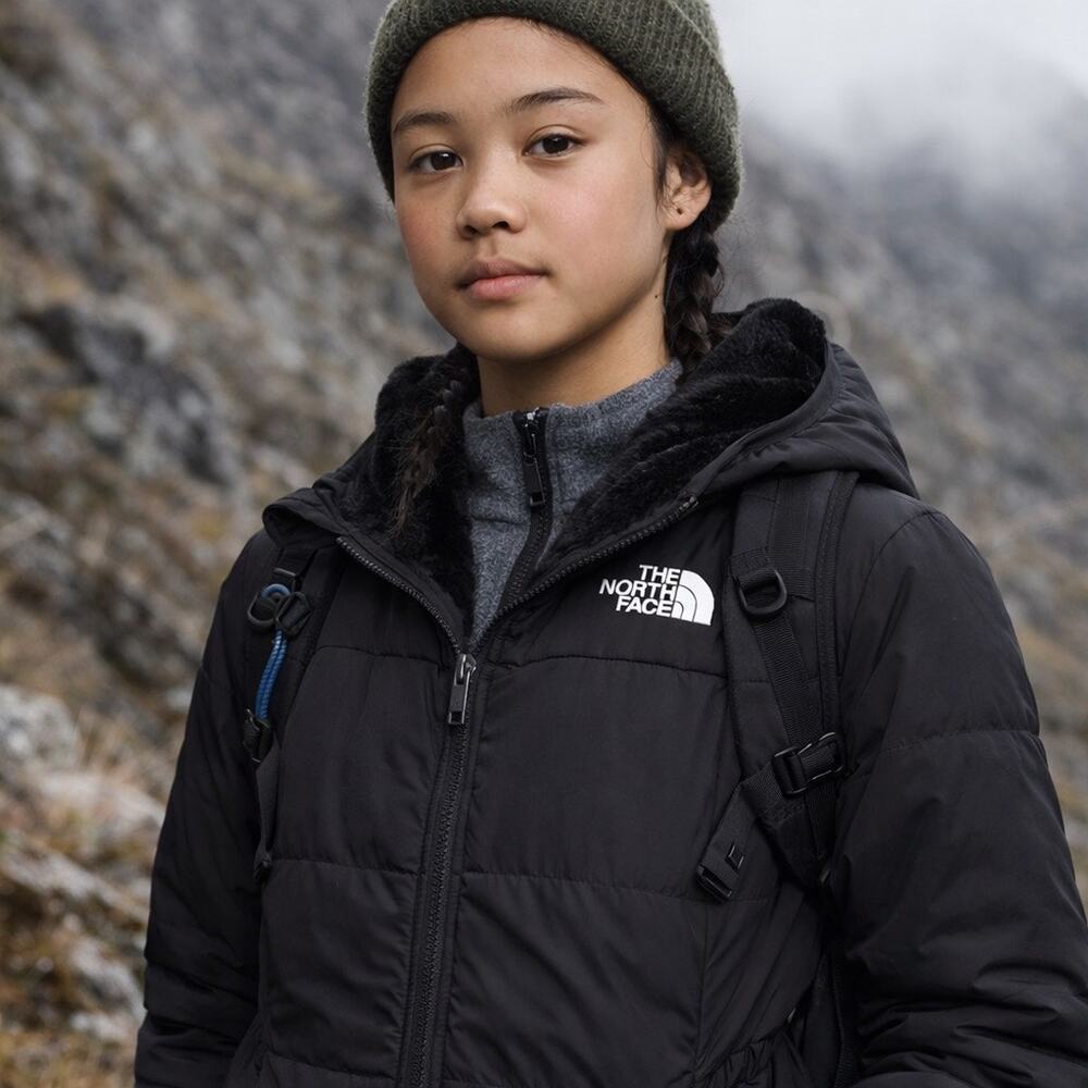 The North Face Reversible Mossbud Jacket Parka Girls S (7/8) Black Fleece Coat